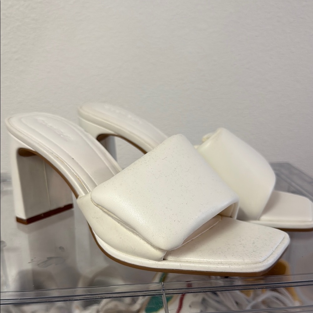 White Block Heel Mules with Square Toe